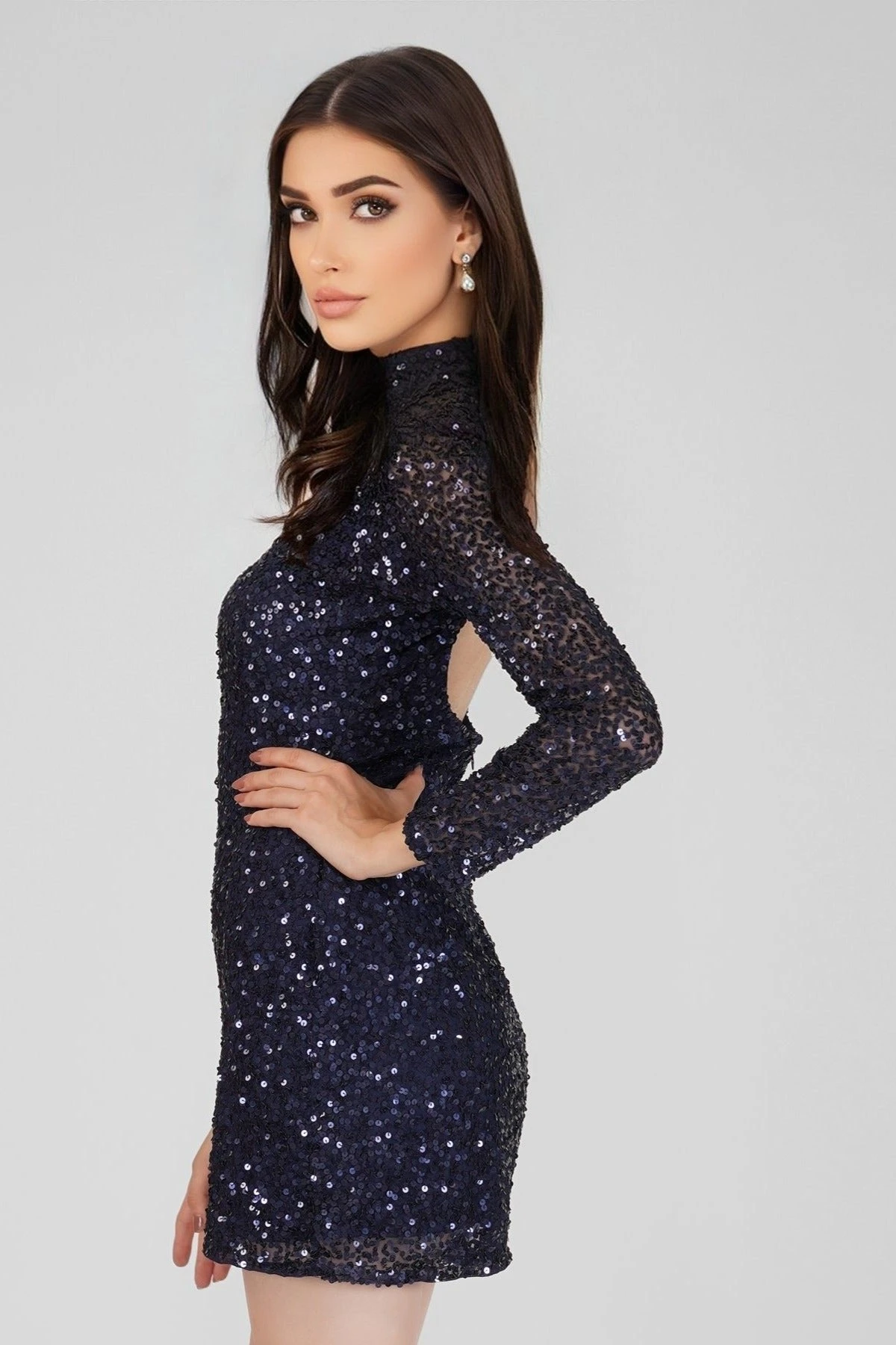 Athena Long Sleeve Sequin Mini Dress In Dark Blue 4 Athena Long Sleeve Sequin Mini Dress In Dark Blue - Image 2