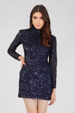 Athena Long Sleeve Sequin Mini Dress In Dark Blue 9 Athena Long Sleeve Sequin Mini Dress In Dark Blue -Tulle Clothing 12 22 Copy