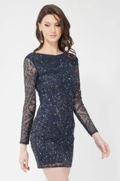 Brooklyn Navy Blue Long Sleeve Sequin Mini Dress -Tulle Clothing 1 2