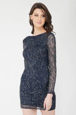 Brooklyn Navy Blue Long Sleeve Sequin Mini Dress -Tulle Clothing 1 3