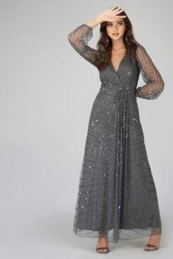 Miya Long Sleeve Grey Bridesmaid Dress -Tulle Clothing 2 14 Copy