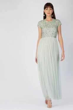 Picasso Short Sleeve Sage Green Embellished Dress -Tulle Clothing 3 2 6ddc1880 35f2 4c55 bc4d c94a5ab17cda