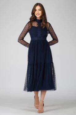 Roman Lola Polka Dot Midi Dress In Navy Blue -Tulle Clothing 3 4 Copy