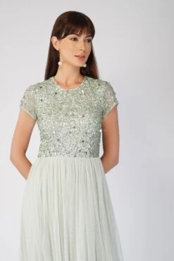 Picasso Short Sleeve Sage Green Embellished Dress -Tulle Clothing 3 5 36c318c3 1159 4b01 81f0 7a753c002157