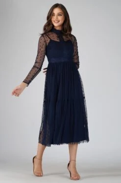 Roman Lola Polka Dot Midi Dress In Navy Blue -Tulle Clothing 3 6 Copy