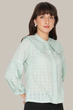Jerri Cotton Broderie Shirt In Pastel Green