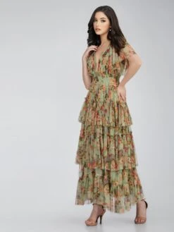 Exham Printed Tulle Maxi Dress In Green Floral -Tulle Clothing Exham