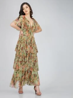 Exham Printed Tulle Maxi Dress In Green Floral -Tulle Clothing ExhamMaxi 2