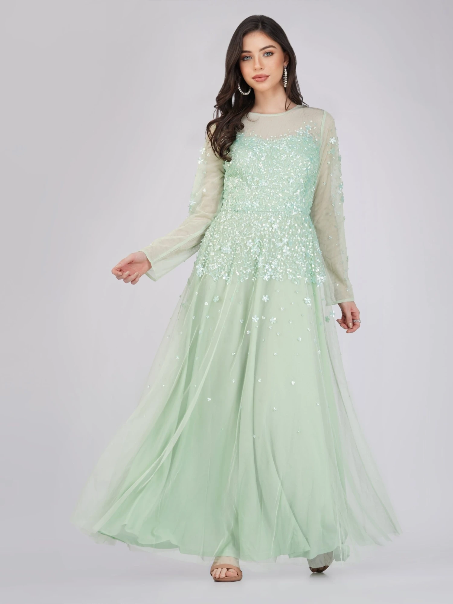Luciene Long Sleeve Embellished Maxi Dress In Mint 6 Luciene Long Sleeve Embellished Maxi Dress In Mint - Image 4