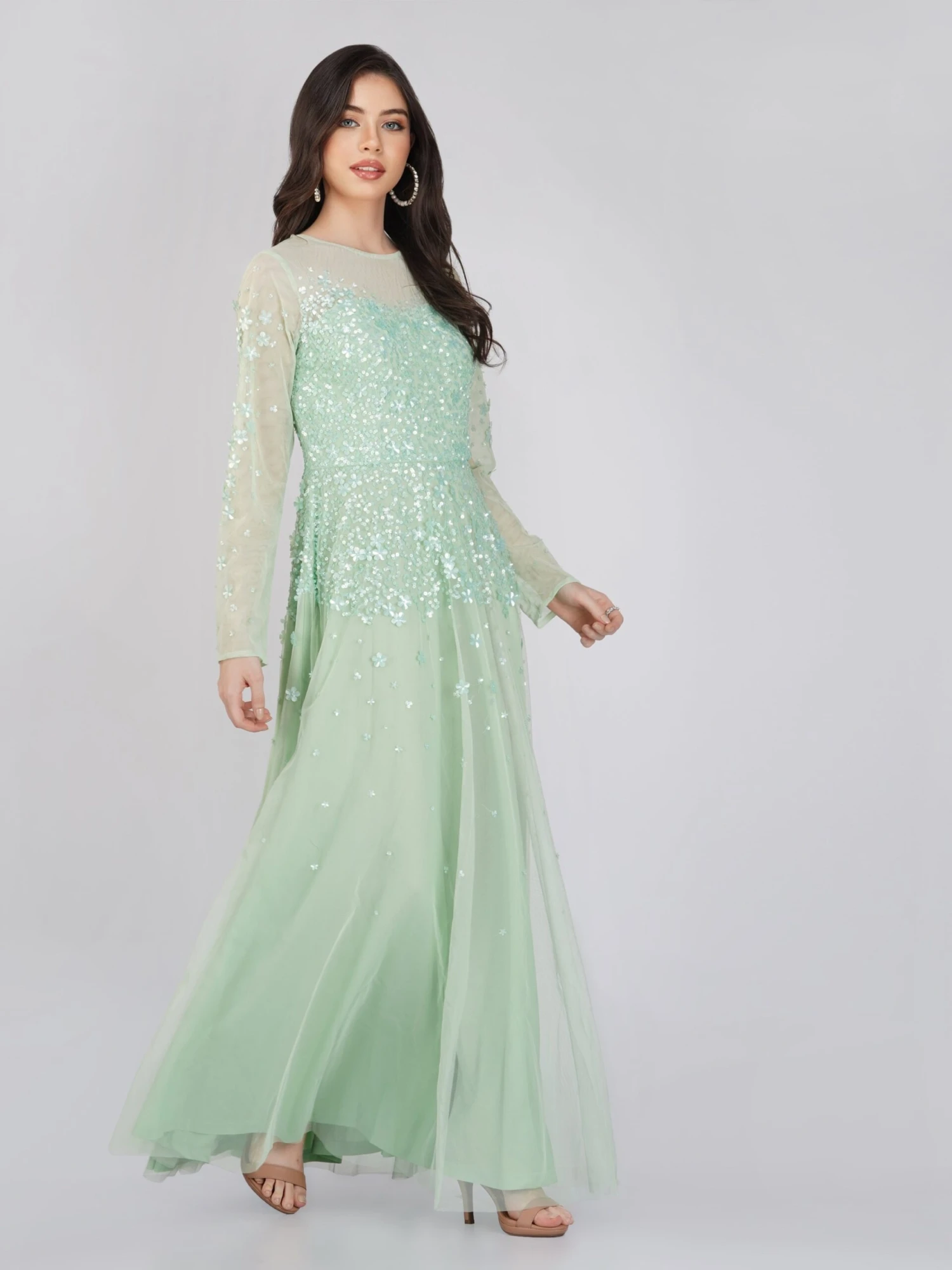 Luciene Long Sleeve Embellished Maxi Dress In Mint 3 Luciene Long Sleeve Embellished Maxi Dress In Mint