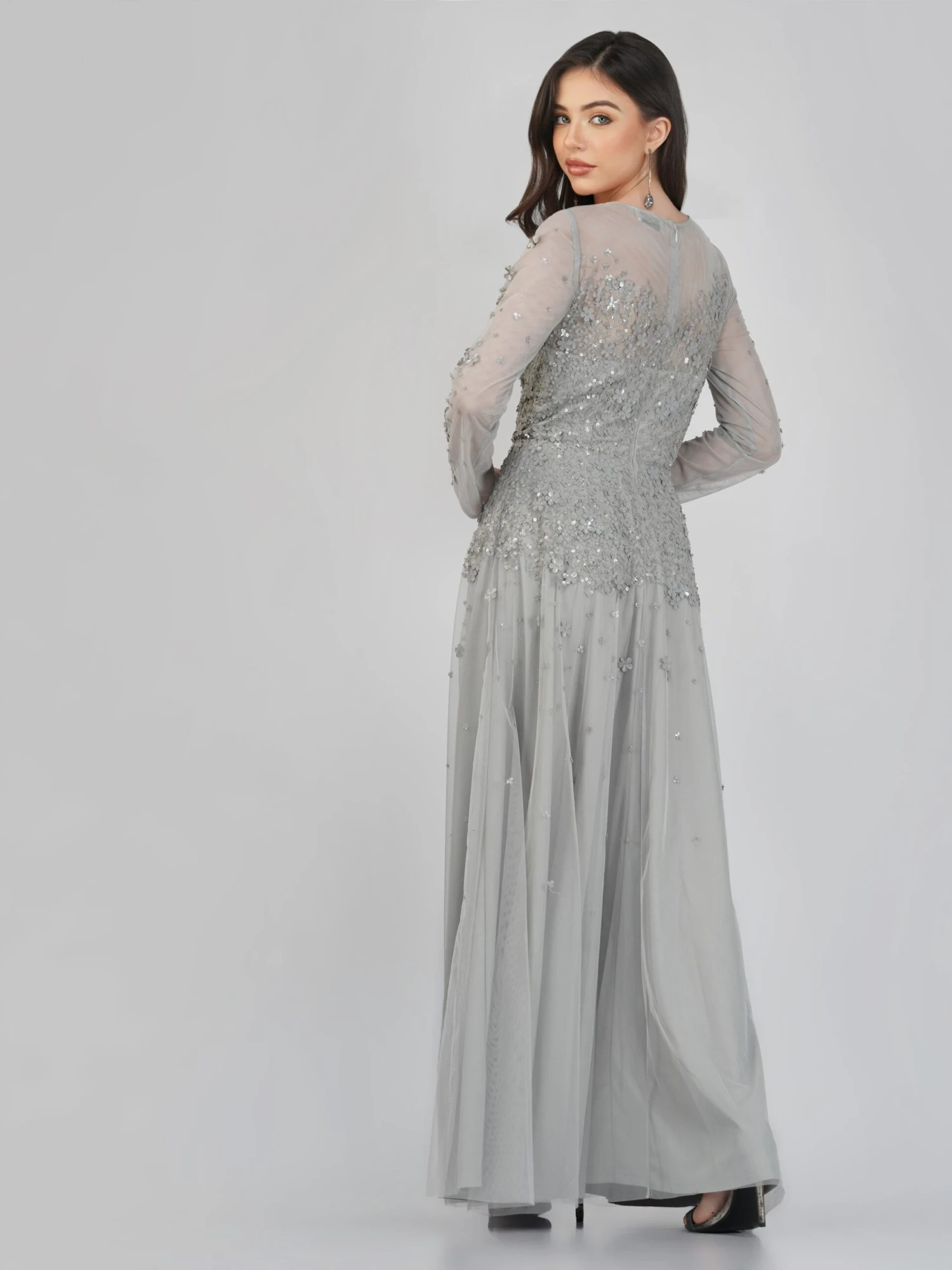 Luciene Long Sleeve Embellished Maxi Dress In Grey 4 Luciene Long Sleeve Embellished Maxi Dress In Grey - Image 2