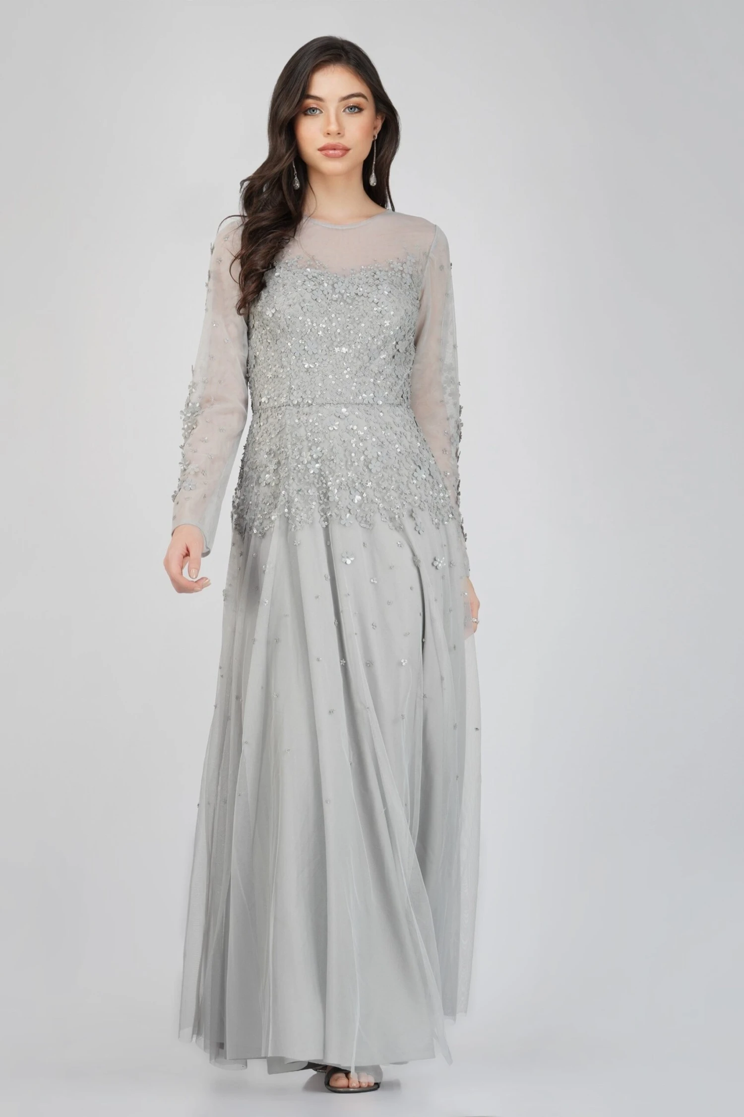 Luciene Long Sleeve Embellished Maxi Dress In Grey 3 Luciene Long Sleeve Embellished Maxi Dress In Grey