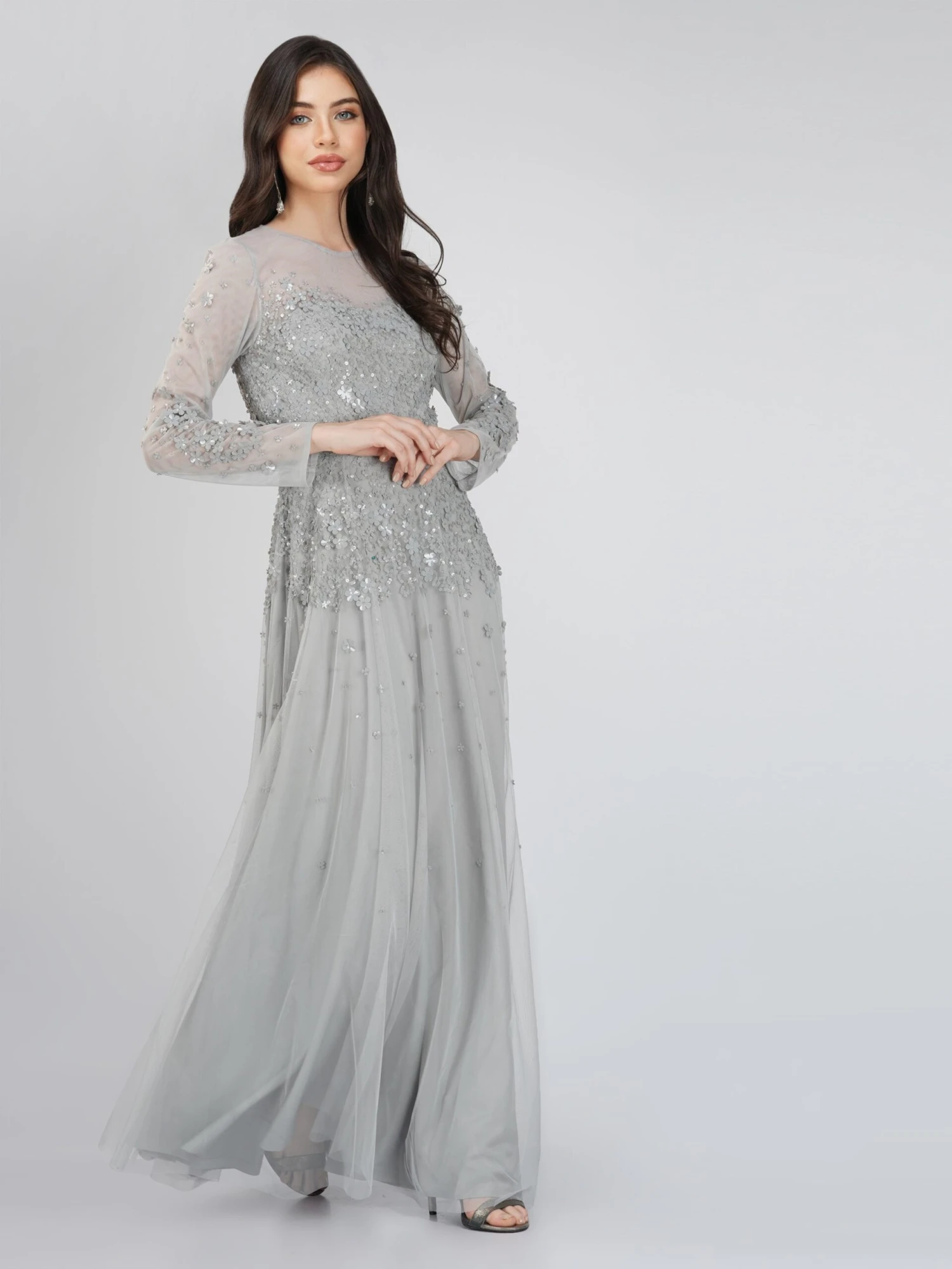 Luciene Long Sleeve Embellished Maxi Dress In Grey 7 Luciene Long Sleeve Embellished Maxi Dress In Grey - Image 5