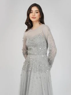 Luciene Long Sleeve Embellished Maxi Dress In Grey 10 Luciene Long Sleeve Embellished Maxi Dress In Grey -Tulle Clothing FairyTaleDresses 40