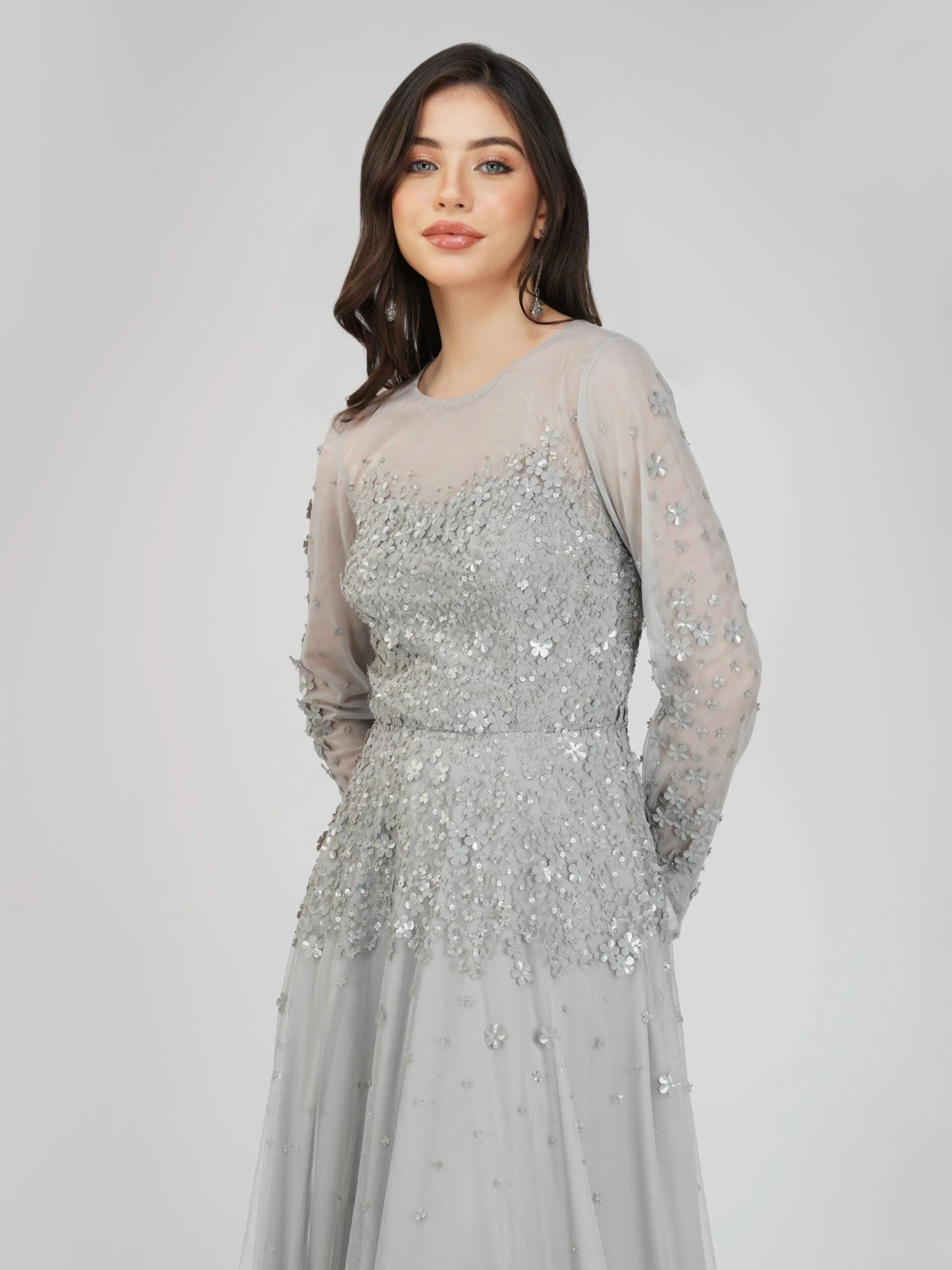 Luciene Long Sleeve Embellished Maxi Dress In Grey 6 Luciene Long Sleeve Embellished Maxi Dress In Grey - Image 4