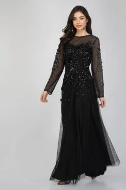 Luciene Long Sleeve Embellished Maxi Dress In Black