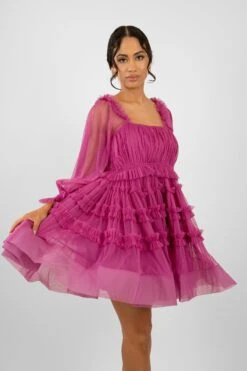 Jessica Tulle Smock Mini Dress In Vivid Purple -Tulle Clothing JessicaVividPurple 3
