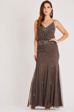 Keeva Stone Grey Bridesmaid Maxi Dress 12 Keeva Stone Grey Bridesmaid Maxi Dress -Tulle Clothing LACE BEADS 1186
