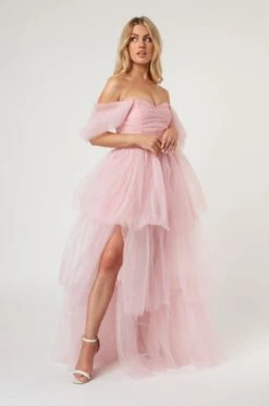 Sydney Off Shoulder Tulle Maxi Dress In Powder Pink -Tulle Clothing LaceandBeads1524