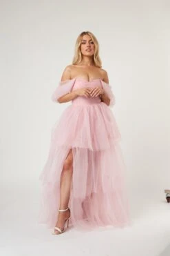 Sydney Off Shoulder Tulle Maxi Dress In Powder Pink -Tulle Clothing LaceandBeads1531
