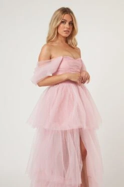 Sydney Off Shoulder Tulle Maxi Dress In Powder Pink -Tulle Clothing LaceandBeads1554