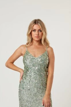 Gloria Sage Green Beaded Maxi Dress -Tulle Clothing LaceandBeads770