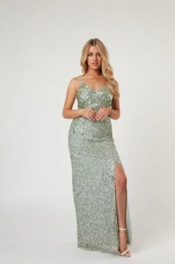 Gloria Sage Green Beaded Maxi Dress -Tulle Clothing LaceandBeads796