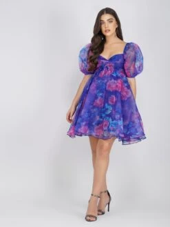 Melanie Puff Sleeve Organza Mini In Cobalt Floral 10 Melanie Puff Sleeve Organza Mini In Cobalt Floral -Tulle Clothing MelanieCobaltFloral 2