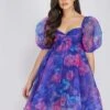 Melanie Puff Sleeve Organza Mini In Cobalt Floral -Tulle Clothing MelanieCobaltFloral 2 Edited