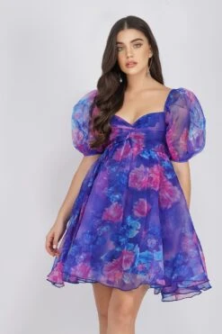 Melanie Puff Sleeve Organza Mini In Cobalt Floral
