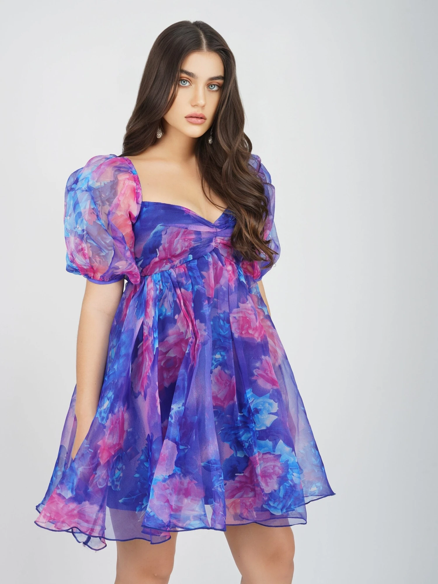 Melanie Puff Sleeve Organza Mini In Cobalt Floral 5 Melanie Puff Sleeve Organza Mini In Cobalt Floral - Image 3