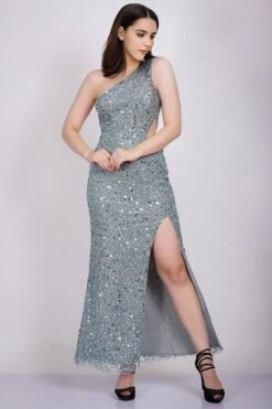 Naeve One Shoulder Sequin Dress In Teal -Tulle Clothing NawishTeal NaeveMaxiDress 4