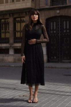 Roman Lola Polka Dot Midi Dress In Black