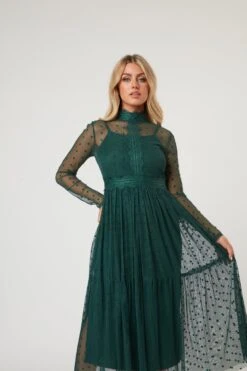 Roman Lola Polka Dot Midi Dress In Green -Tulle Clothing RomanLola 26