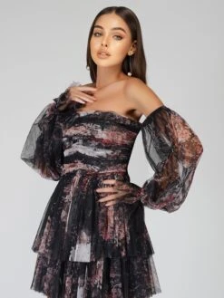 Roxanne Dark Print Tulle Mini Dress -Tulle Clothing Roxanne 3