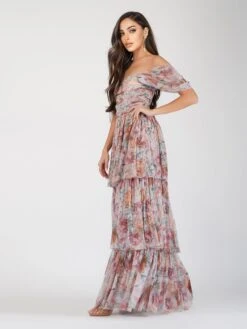 Sydney Off Shoulder Tulle Maxi Dress In Brown Floral -Tulle Clothing ShilohBrown 5