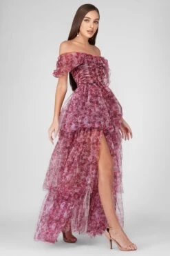 Sydney Tulle Maxi Dress In Burgundy Print -Tulle Clothing SydneyBurgundyPrint 2