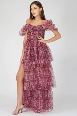 Sydney Tulle Maxi Dress In Burgundy Print -Tulle Clothing SydneyBurgundyPrint 5