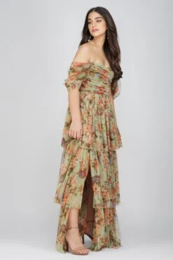 Sydney Tulle Maxi Dress In Green Floral -Tulle Clothing SydneyMaxiGreenFloral 2 Copy
