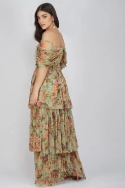 Sydney Tulle Maxi Dress In Green Floral -Tulle Clothing SydneyMaxiGreenFloral 4 Copy
