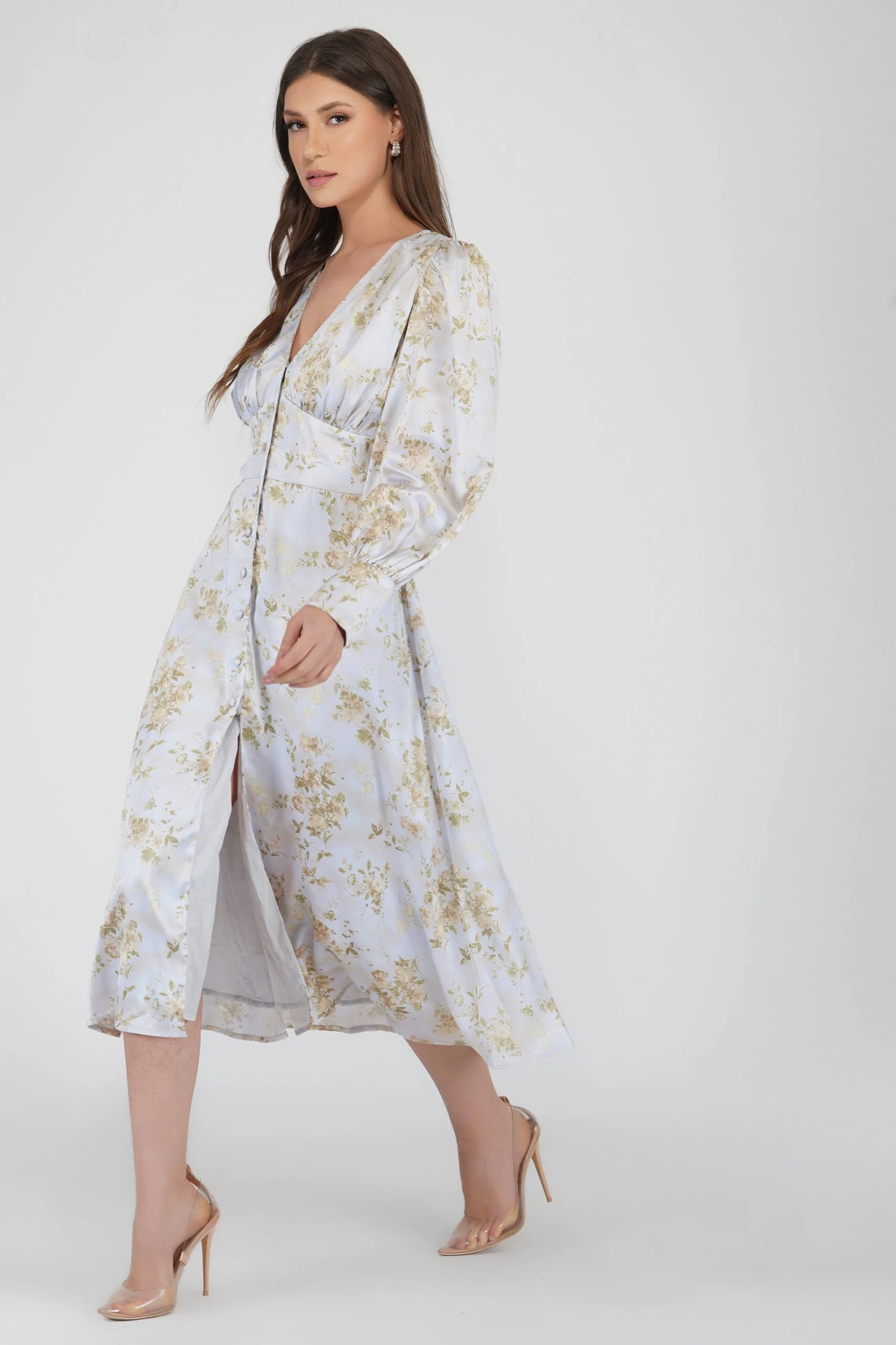 Tessa Long Sleeve Satin Midi Dress In Champagne 4 Tessa Long Sleeve Satin Midi Dress In Champagne - Image 2