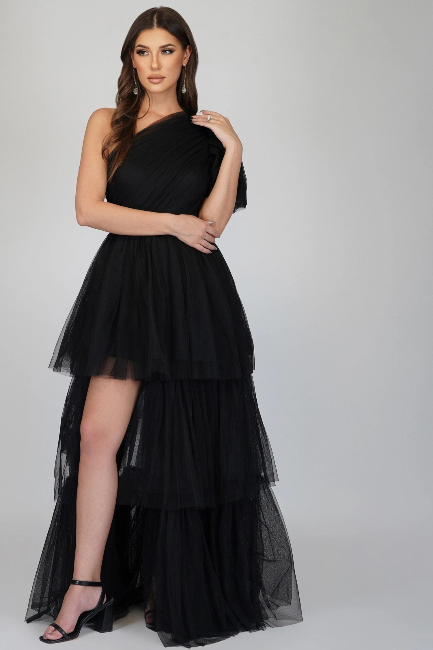 Rowena One Shoulder Tulle Gown In Black 3 Rowena One Shoulder Tulle Gown In Black