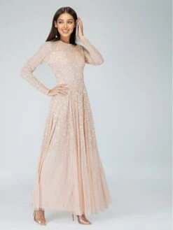Sila Long Sleeve Embellished Maxi Dress In Blush Pink -Tulle Clothing siLA 1