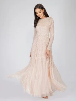 Sila Long Sleeve Embellished Maxi Dress In Blush Pink -Tulle Clothing siLA 4