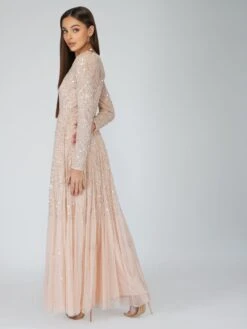 Sila Long Sleeve Embellished Maxi Dress In Blush Pink -Tulle Clothing siLA 6